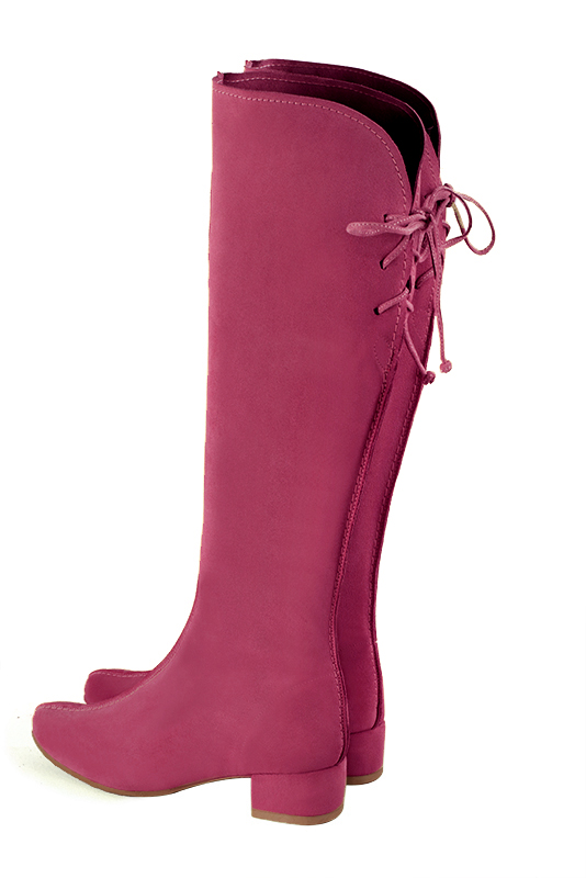 Fuschia pink women's knee-high boots, with laces at the back. Round toe. Low flare heels. Made to measure. Rear view - Florence KOOIJMAN
